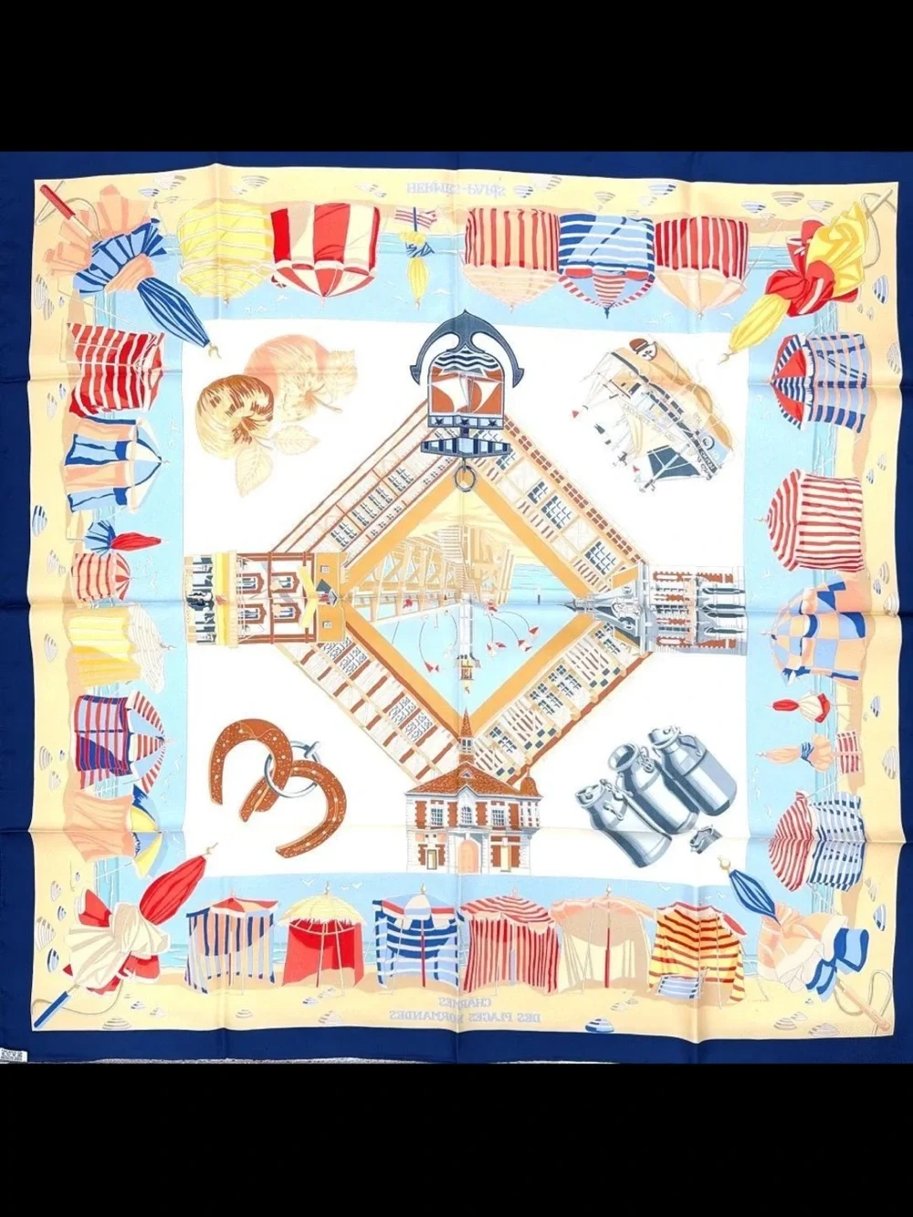 Hermes Blue Red Yellow Beach Cabins Silk Scarf